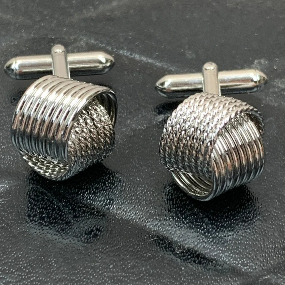 Vintage Silver Tone Woven Knot Cufflinks‎ and Tie Tack Clutch Set Mens Formal